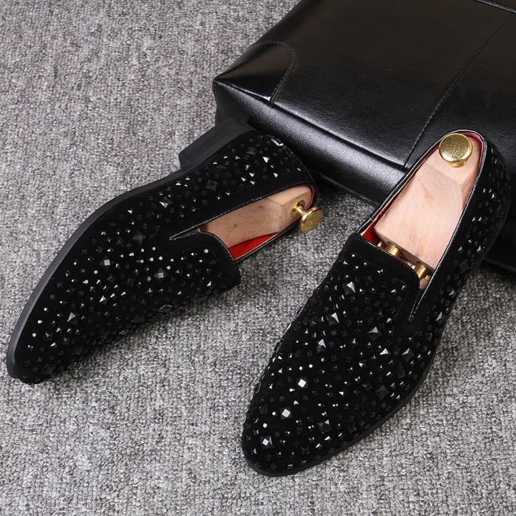 Bröllopsloafers i syntetisk mocka med metallglitter för herr