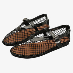 Ballerina loafers i mesh för dam, Mary Jane med lackrem, Svart