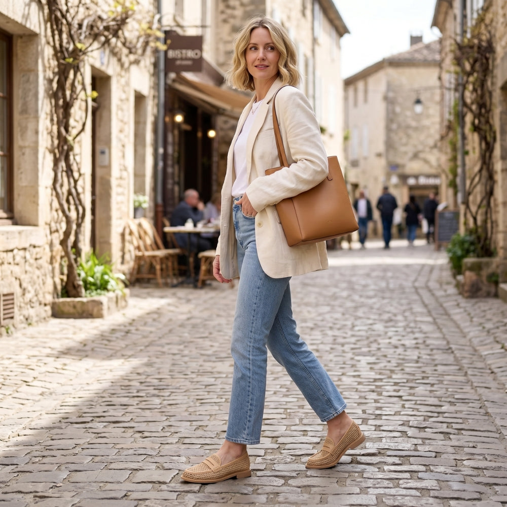 Loafer i mesh och beige läder för dam