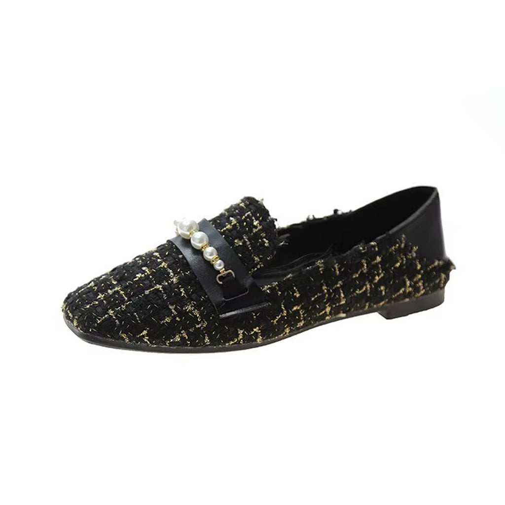 Eleganta svarta loafers i tweed och pärlor