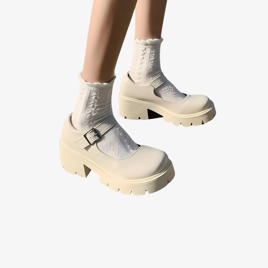 Kvinna som syns från benen och nedåt i beige platåloafers med rem över foten och vita strumpor.