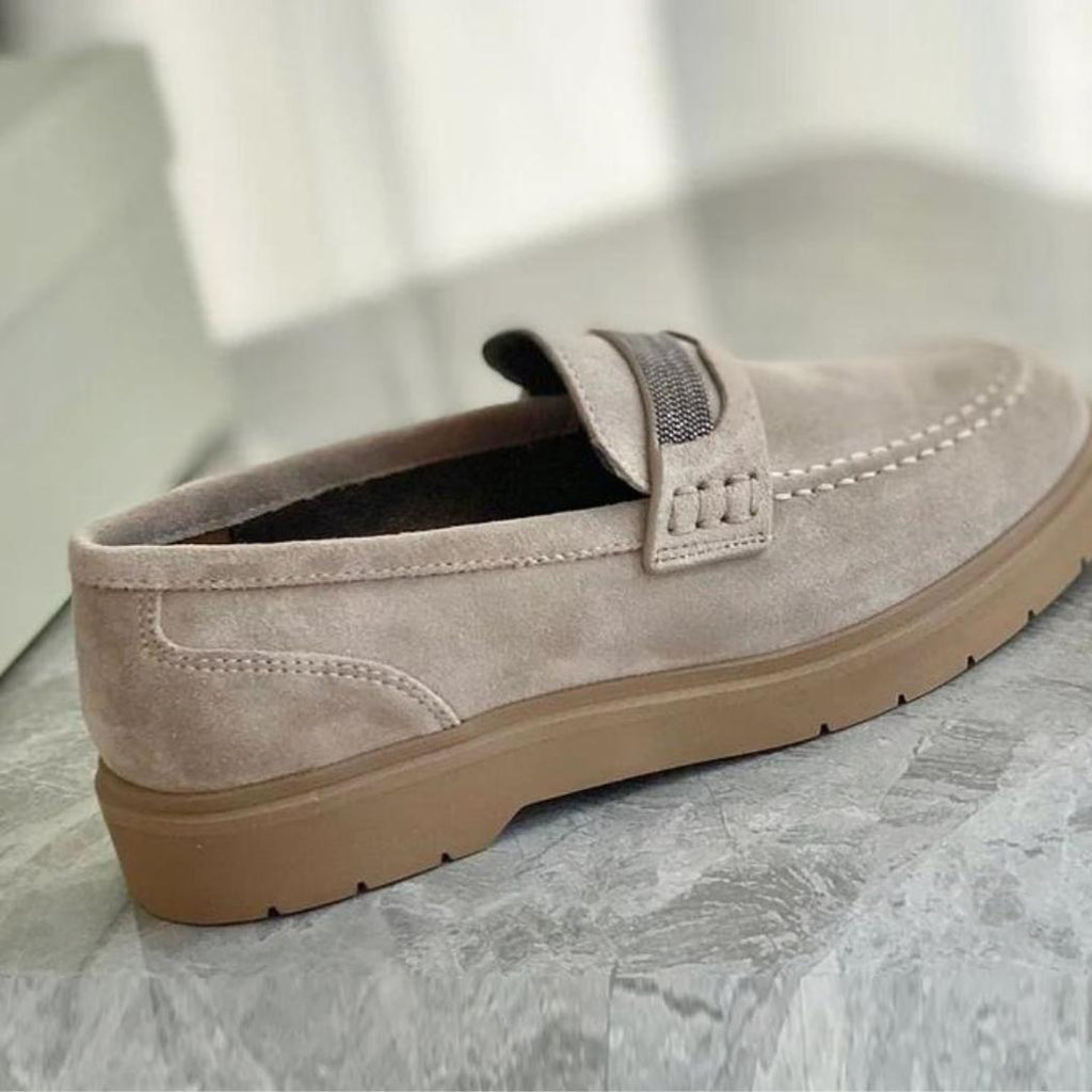 Gråa loafers för dam i äkta mocka