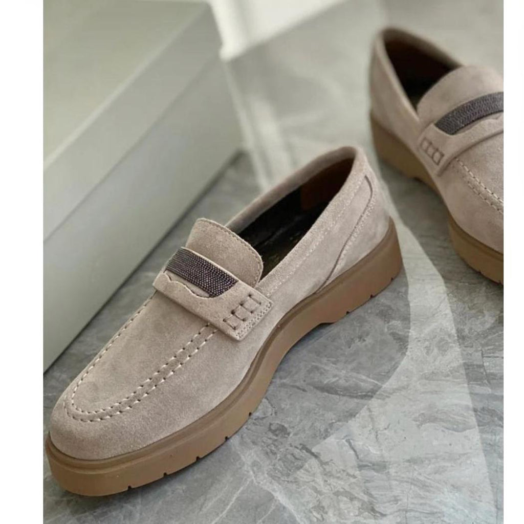 Gråa loafers för dam i äkta mocka
