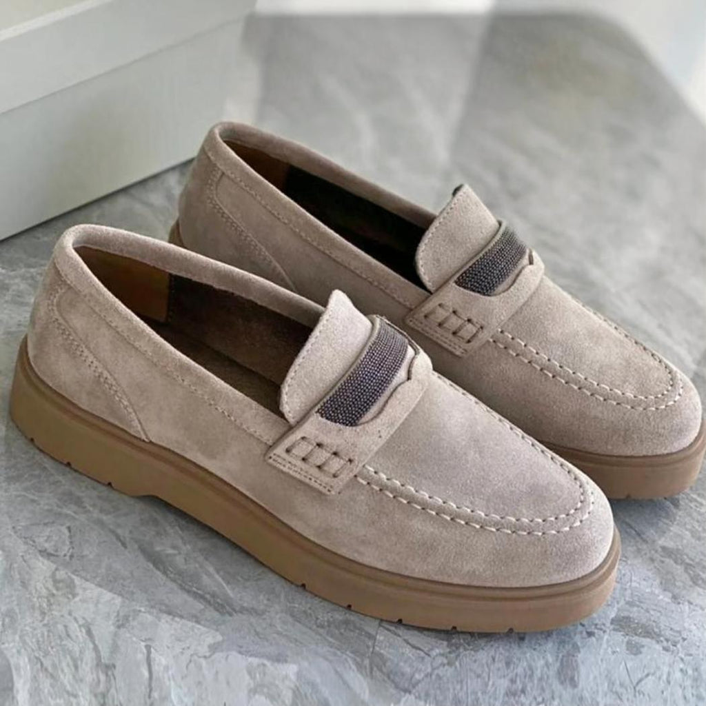 Gråa loafers för dam i äkta mocka