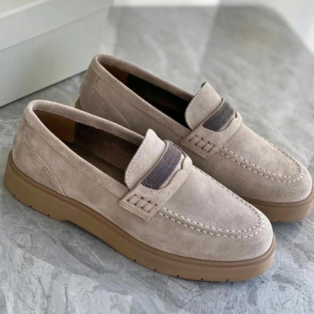 Gråa loafers för dam i äkta mocka