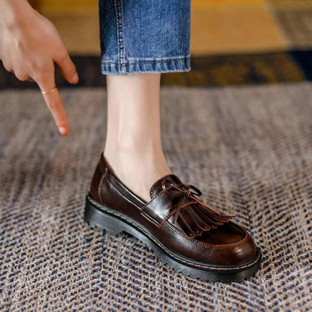 Loafers med fyrkantig klack och fransar i vintagestil för dam