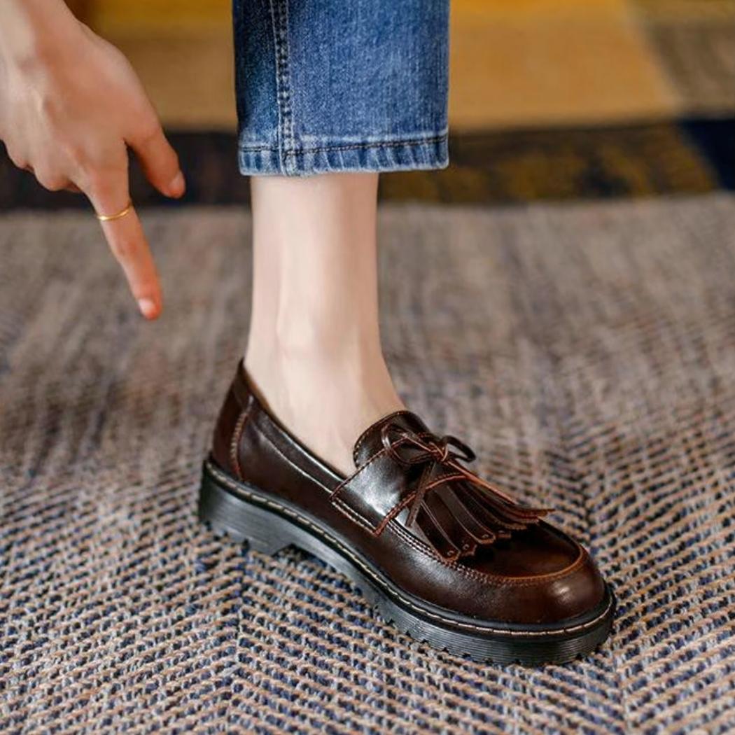Loafers med fyrkantig klack och fransar i vintagestil för dam