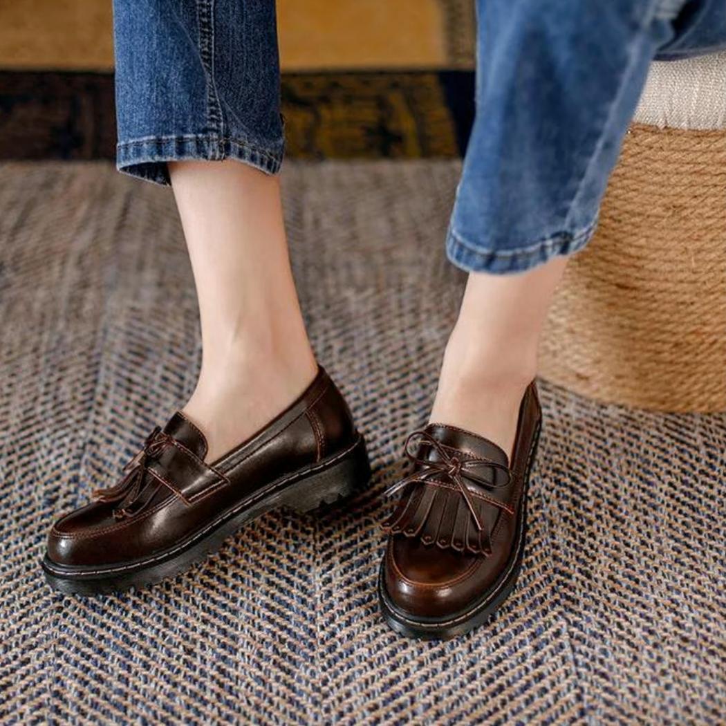 Loafers med fyrkantig klack och fransar i vintagestil för dam