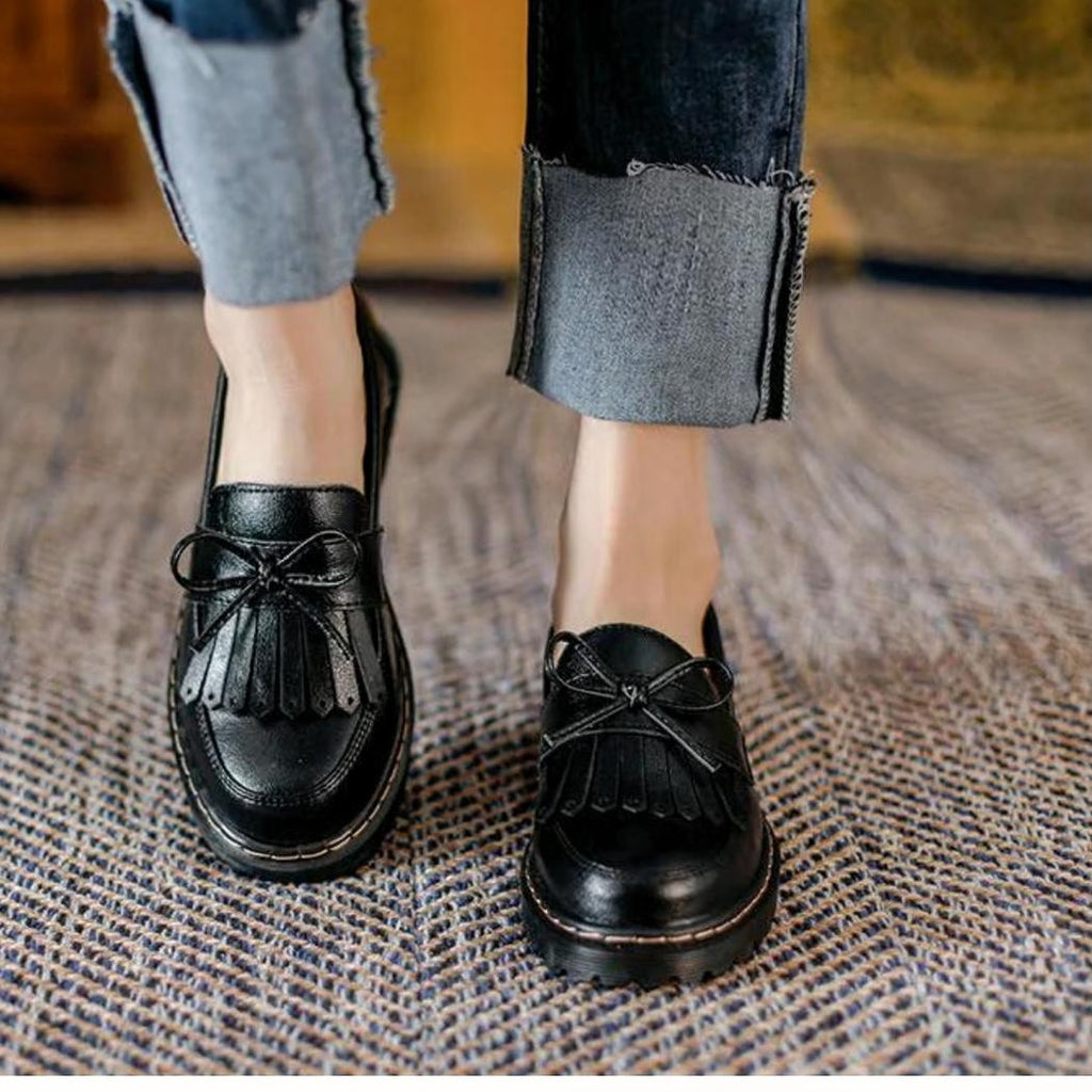Loafers med fyrkantig klack och fransar i vintagestil för dam