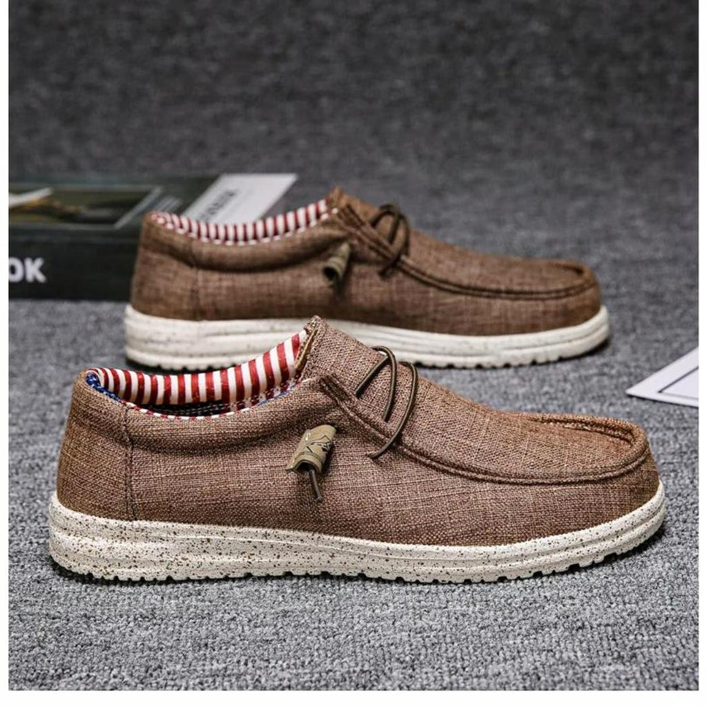 Lätta loafers i tyg för herr, bruna eller blå