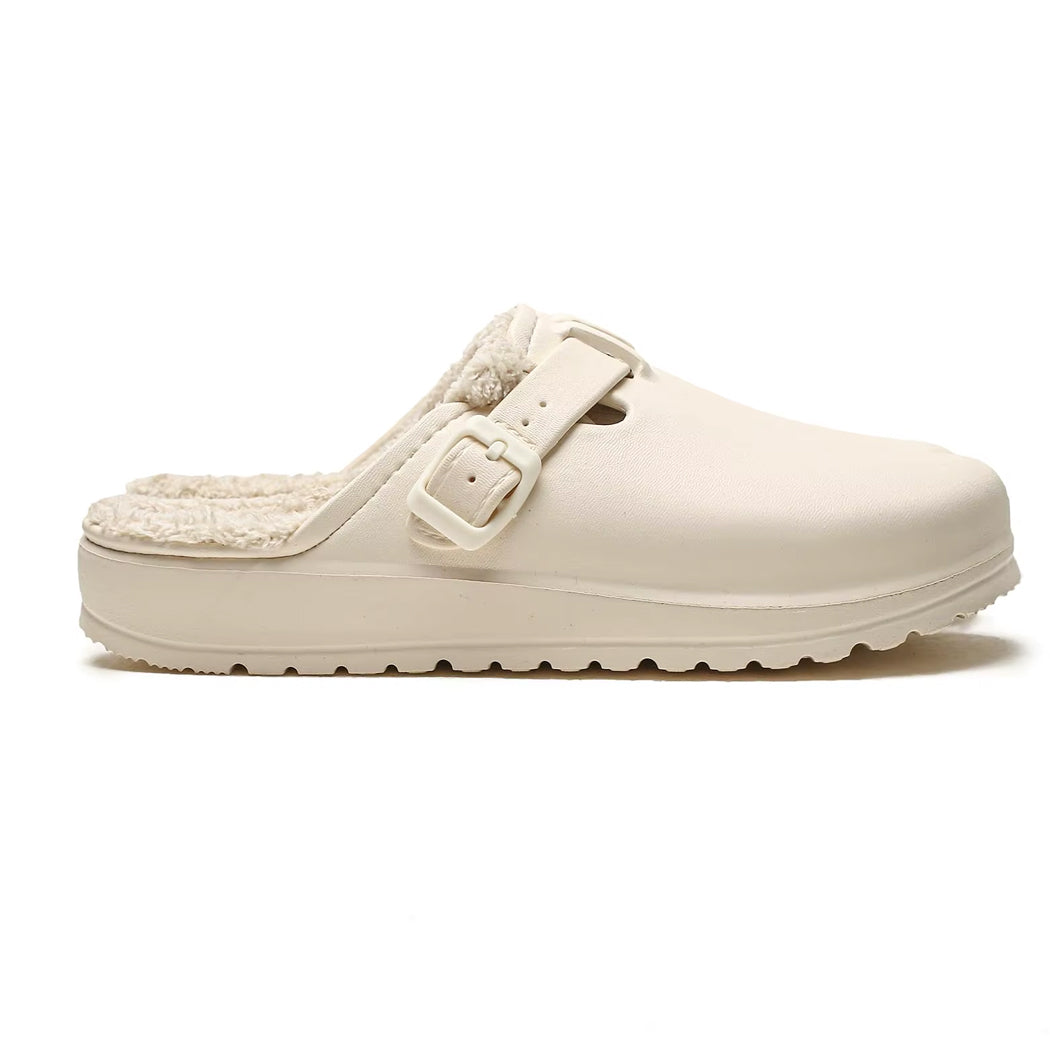 Fodrad beige loafer-toffel i syntetläder för dam