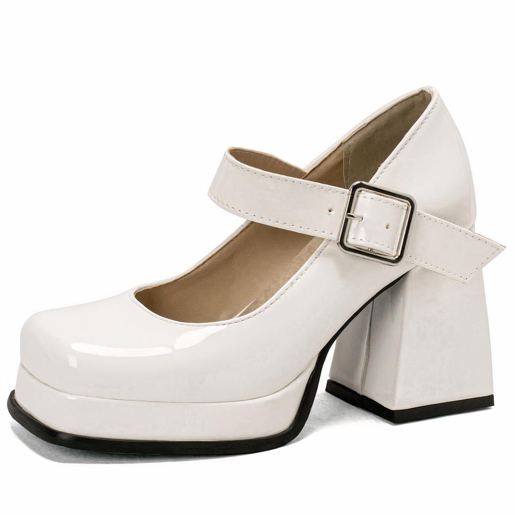 Mary Jane vit loafer i lack med klackblock
