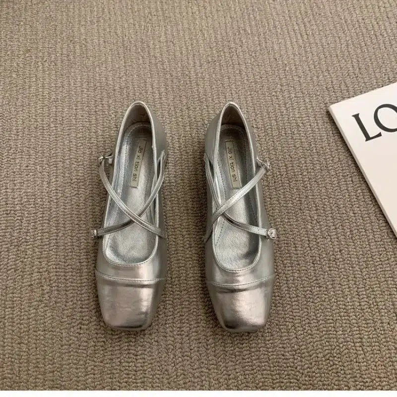 Bekväma Mary Jane retro silverfärgade ballerinaskor för kvinnor