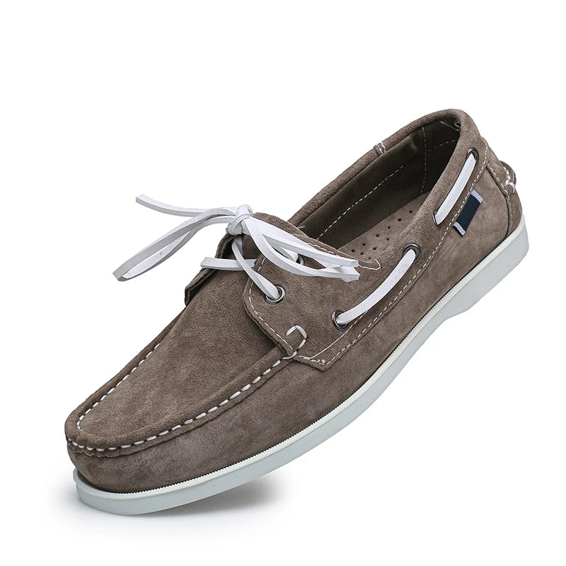 Båtloafers i mocka för herr med vita snören, beige, bild 4