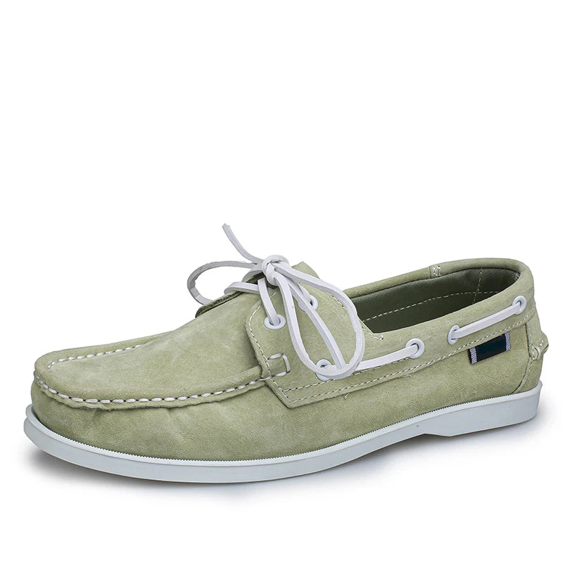 Båtloafers i mocka för herr med vita snören, beige, bild 9