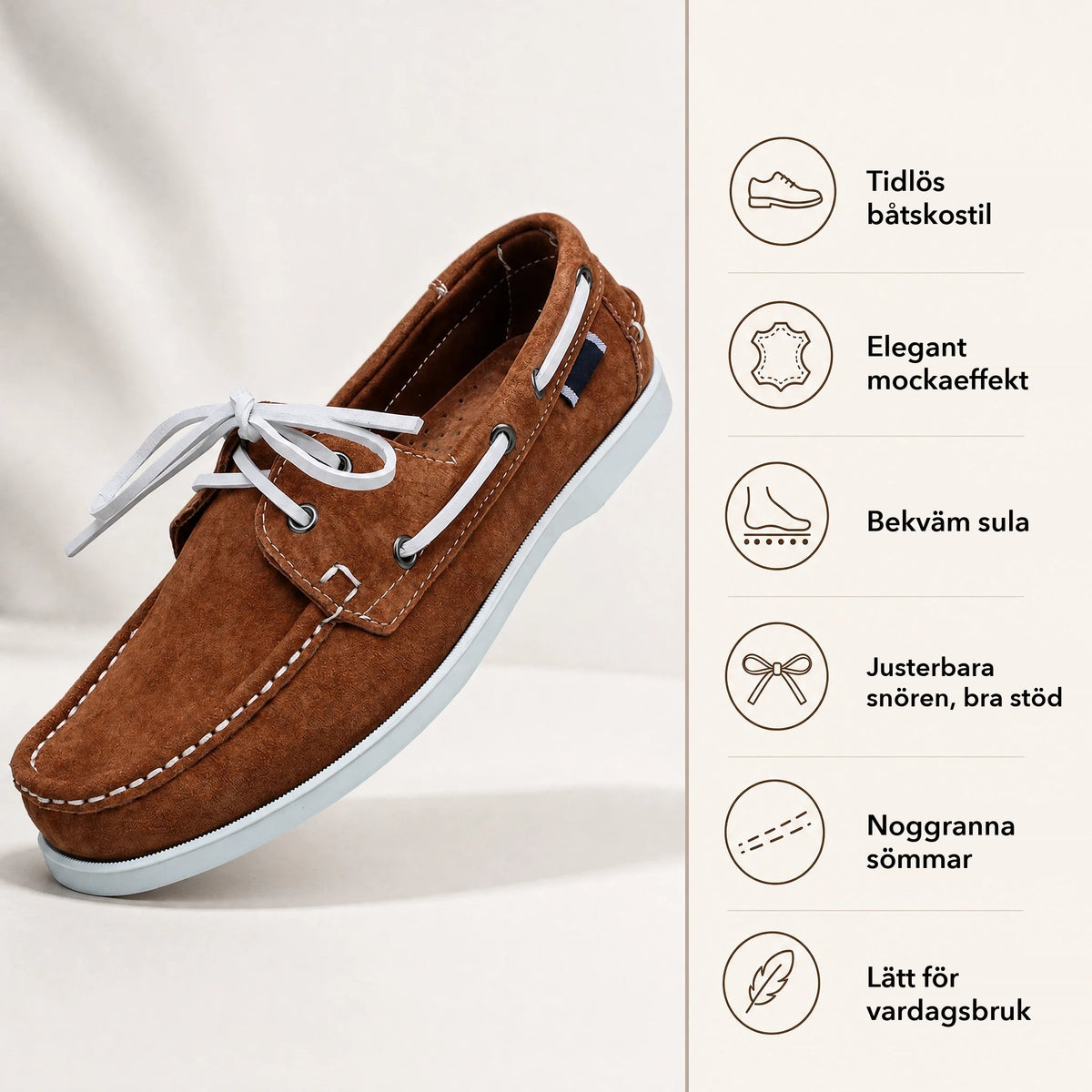 Båtloafers i mocka för herr med vita snören, taupe, bild 5 Bild