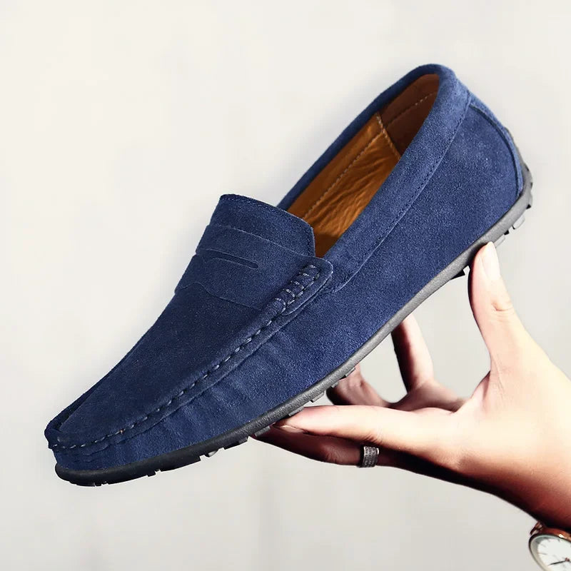 Blå loafers i mocka för herr med räfflad sula, marinblå, bild 6