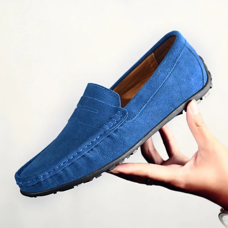 Blå loafers i mocka för herr med räfflad sula, kungsblå, bild 7