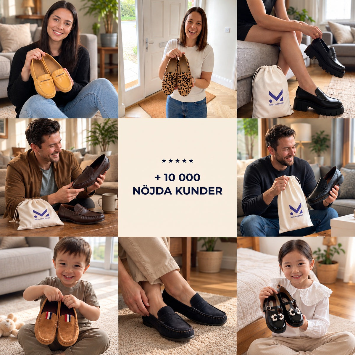 Collage de clientes et clients Mon Mocassin, satisfaction client Bild