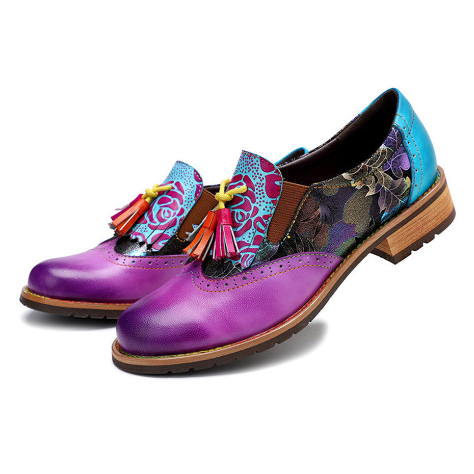 Vintage loafers med tofsar och färgglada mönster i läder för kvinnor, bild 4 av 5
