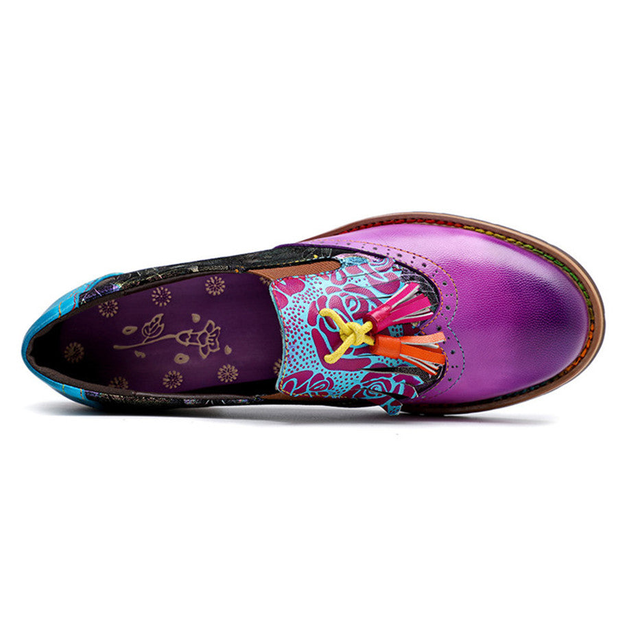 Vintage loafers med tofsar och färgglada mönster i läder för kvinnor, bild 2 av 5
