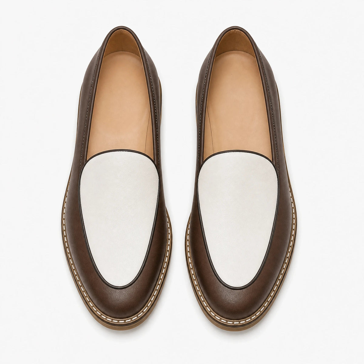 Eleganta herrloafers med synliga sömmar, mörkbrun