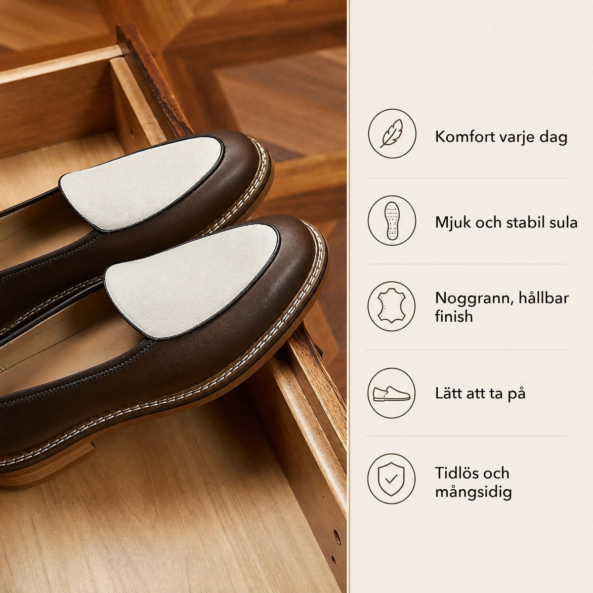 Eleganta herrloafers med synliga sömmar, brun