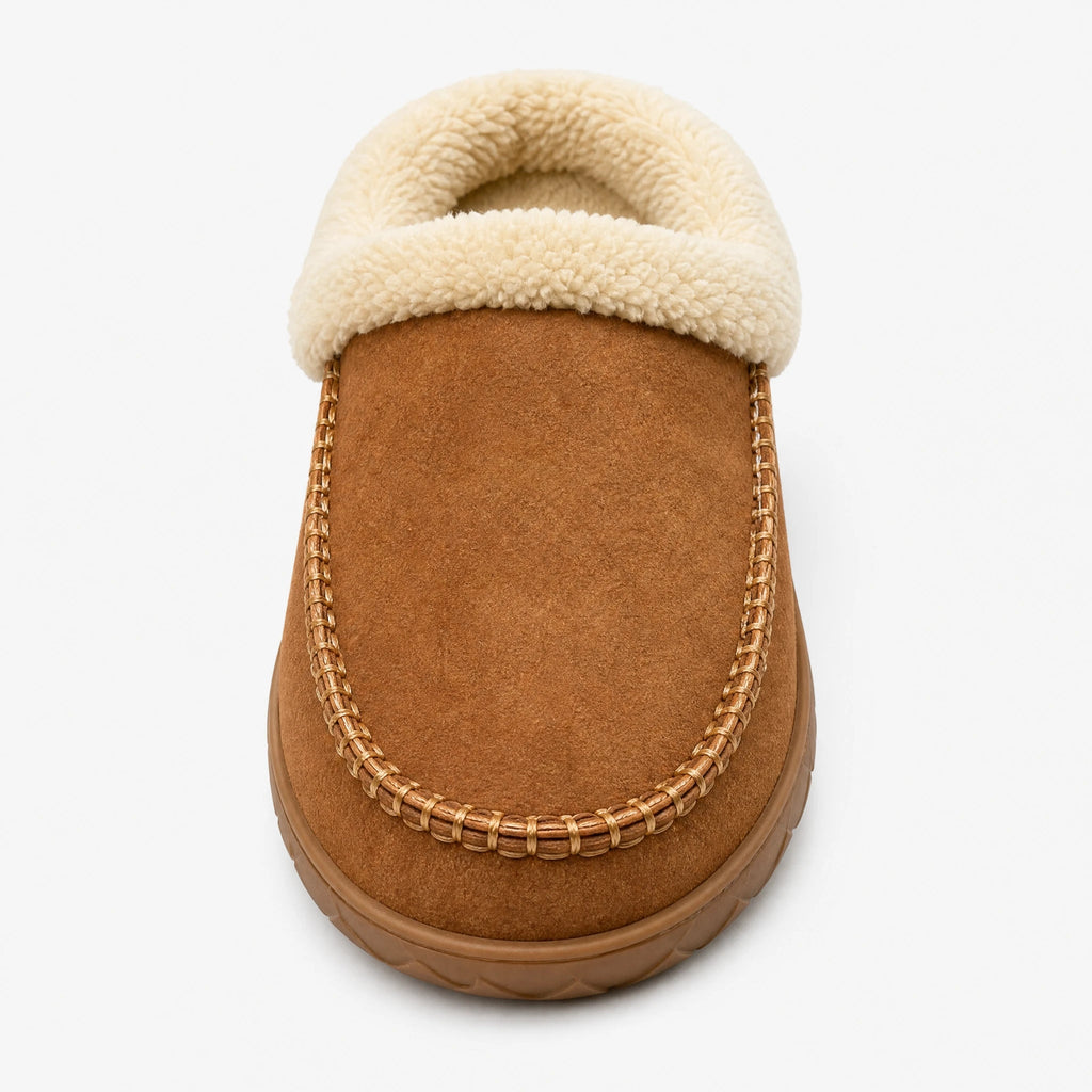 Kamelfärgad fodrad loafertoffel med bouclékant, framifrån