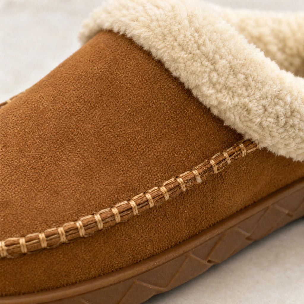 Kamelfärgad fodrad loafertoffel med bouclékant, från sidan