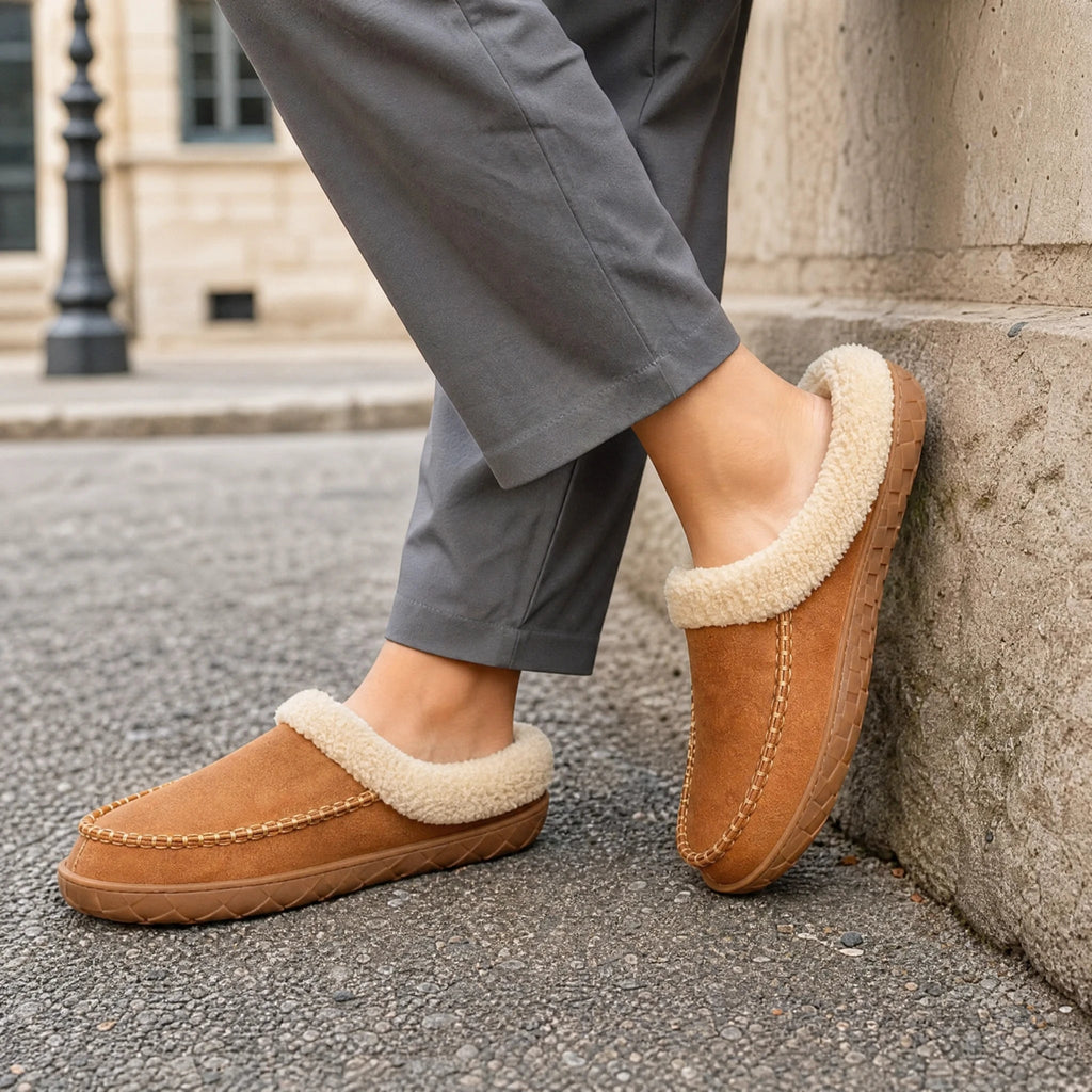 Kamelfärgad fodrad loafertoffel med bouclékant, snett framifrån