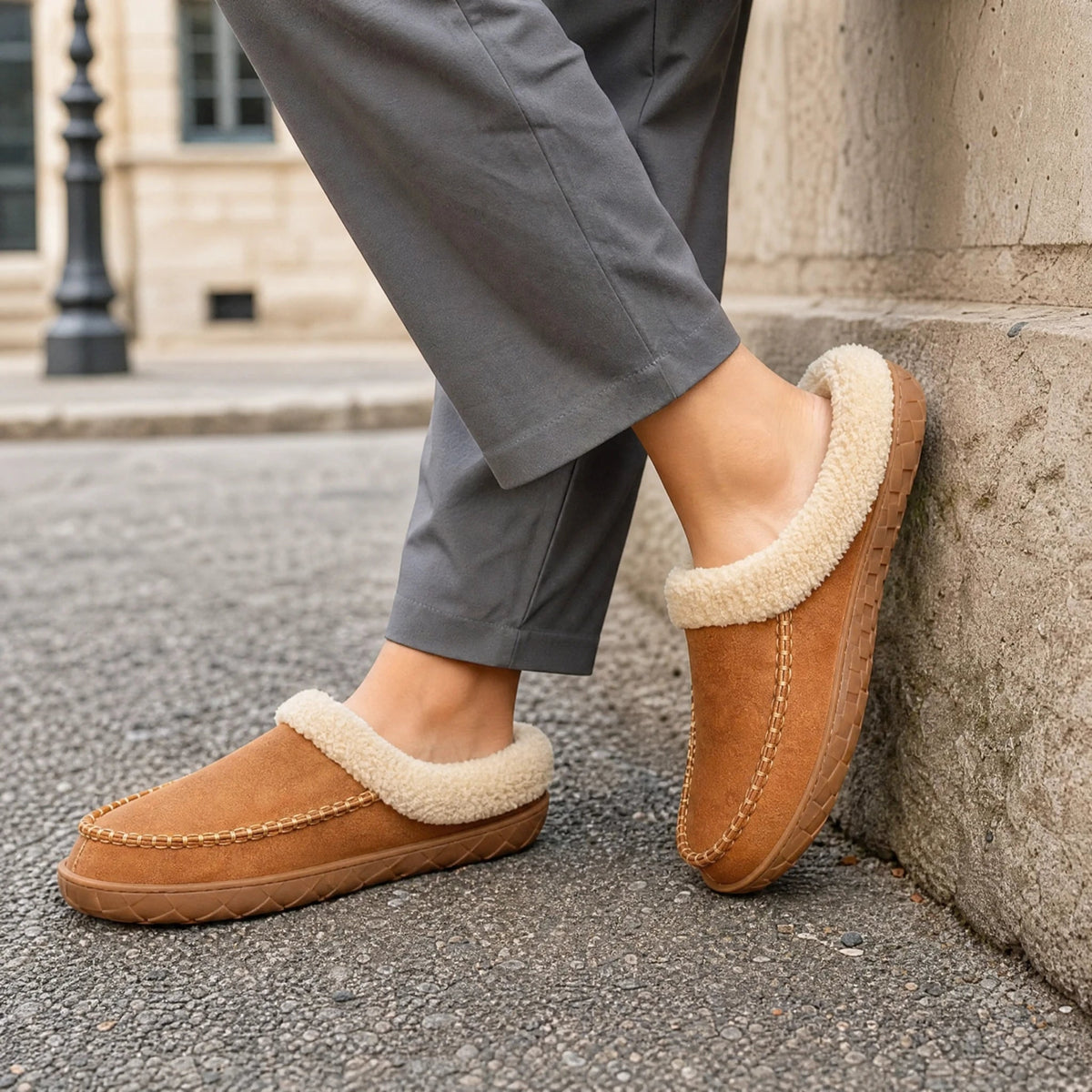 Kamelfärgad fodrad loafertoffel med bouclékant, snett framifrån Bild