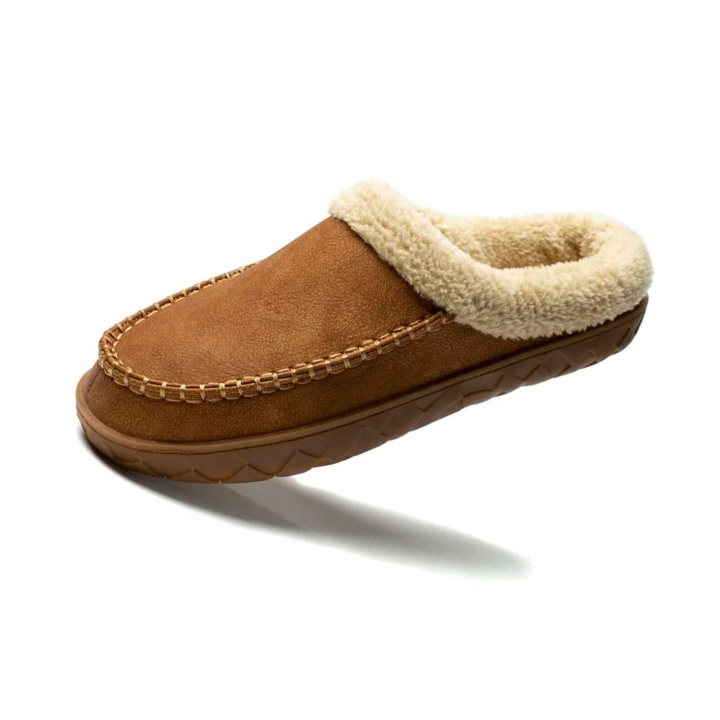 Kamelfärgad fodrad loafertoffel med bouclékant, bakifrån