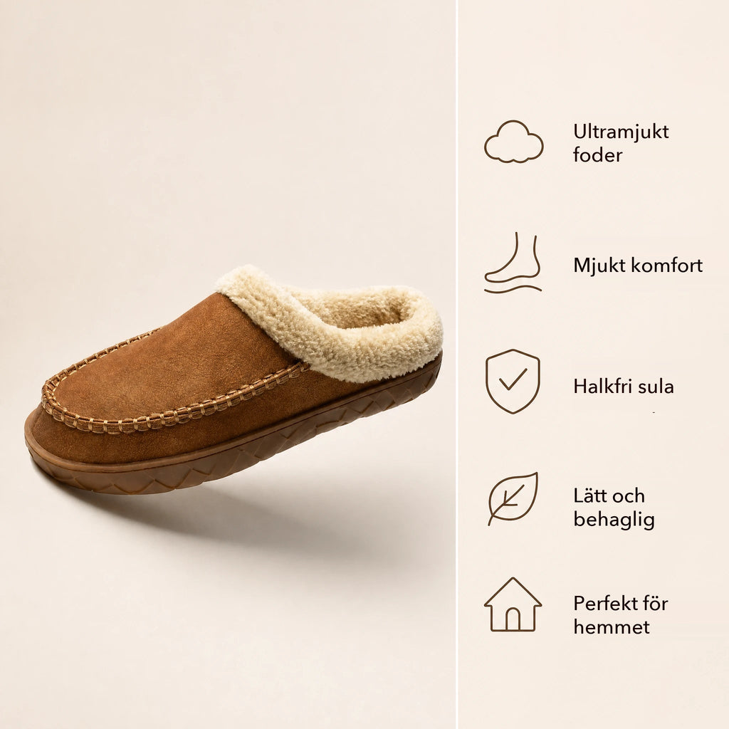 Kamelfärgad fodrad loafertoffel med bouclékant, uppifrån