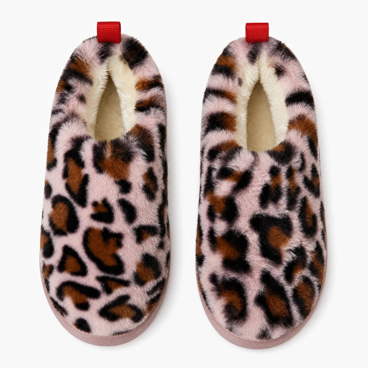 Fodrad loafertoffel med rosa leopardmönster och plattformssula, framifrån