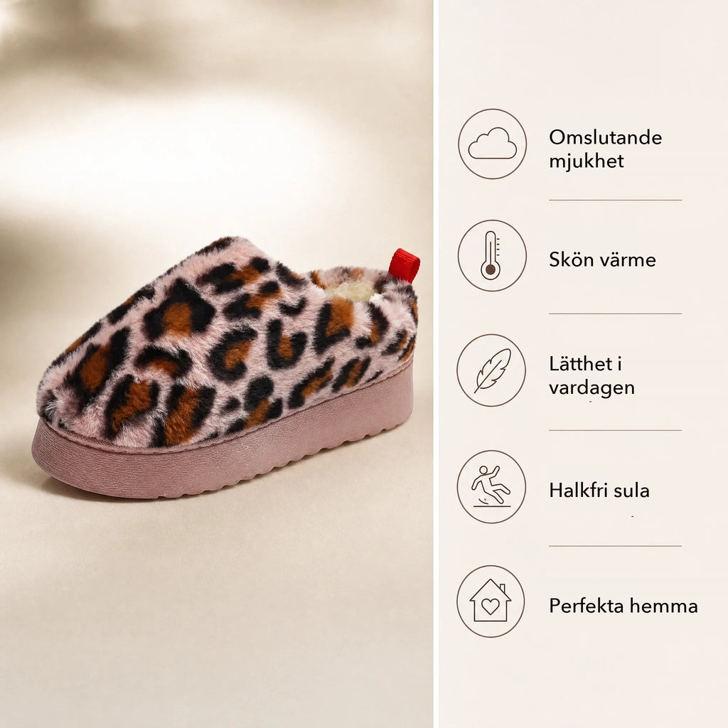 Fodrad loafertoffel med rosa leopardmönster och plattformssula, uppifrån