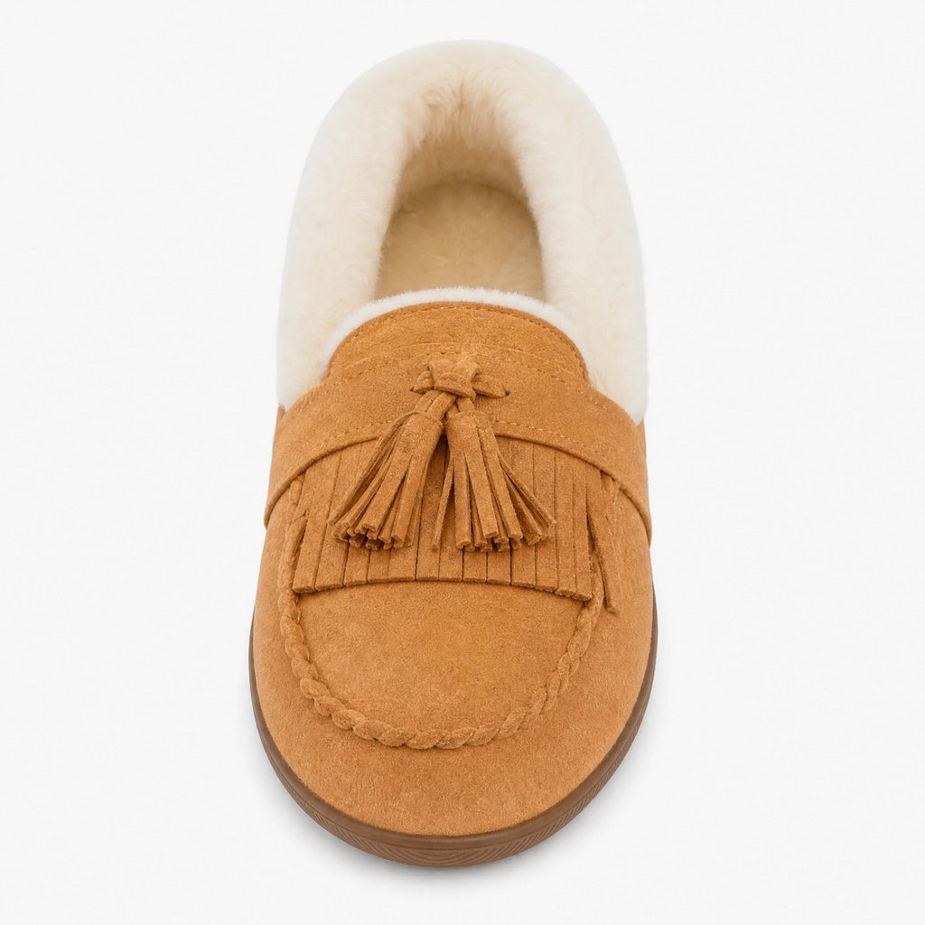 Kamelfärgad fodrad loafer för dam med pompoms, framifrån