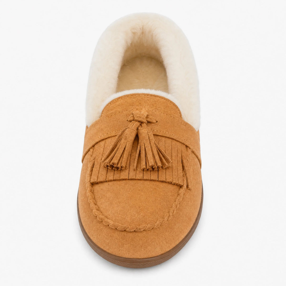 Kamelfärgad fodrad loafer för dam med pompoms, framifrån