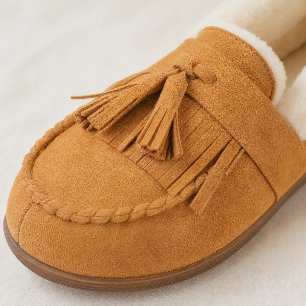 Kamelfärgad fodrad loafer för dam med pompoms, från sidan