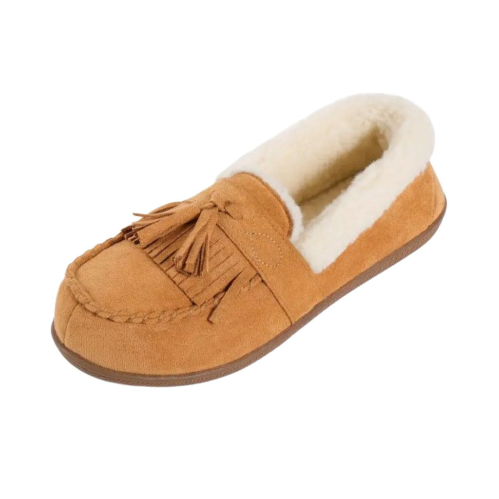 Kamelfärgad fodrad loafer för dam med pompoms, detaljbild av sulan