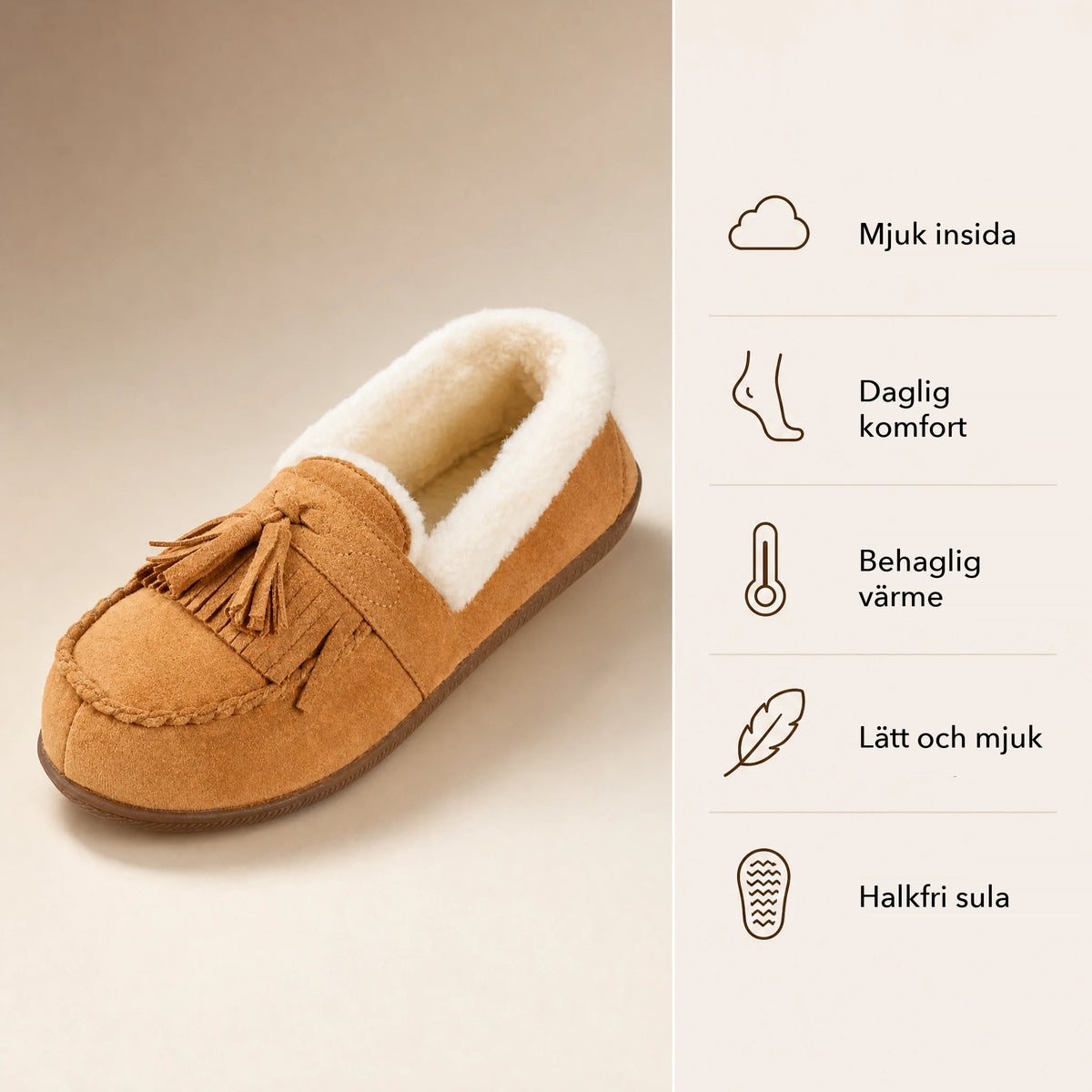 Kamelfärgad fodrad loafer för dam med pompoms, bakifrån