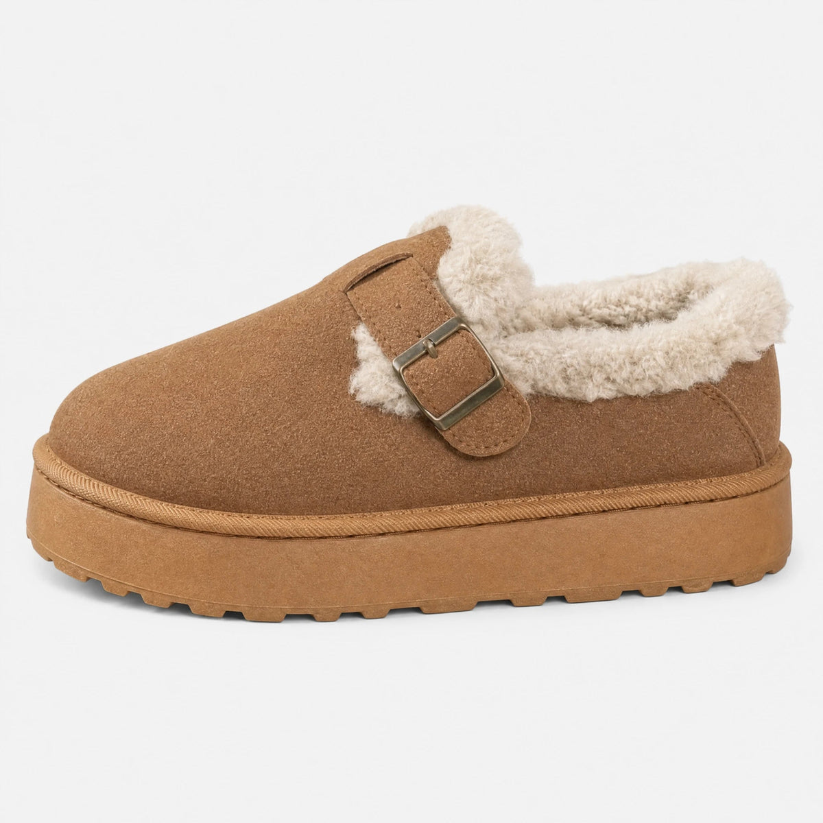 Bruna fodrade loafers för dam med vitt foder och tjock sula, framifrån