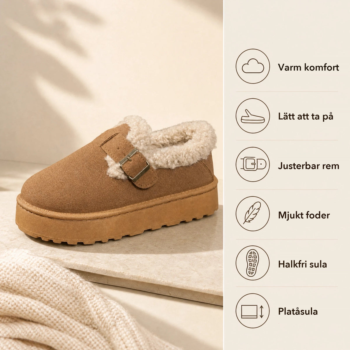 Bruna fodrade loafers för dam med vitt foder och tjock sula, uppifrån