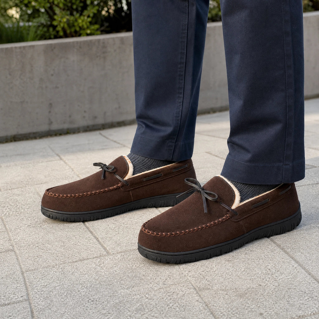 Bruna fodrade loafers för herr med halkfri sula, snett framifrån