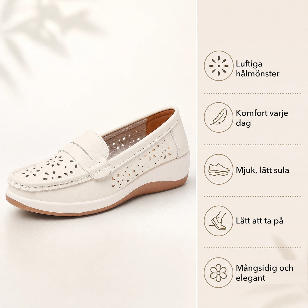 Genombrutna loafers för dam med kilsula och blommönster närbild på detaljerna