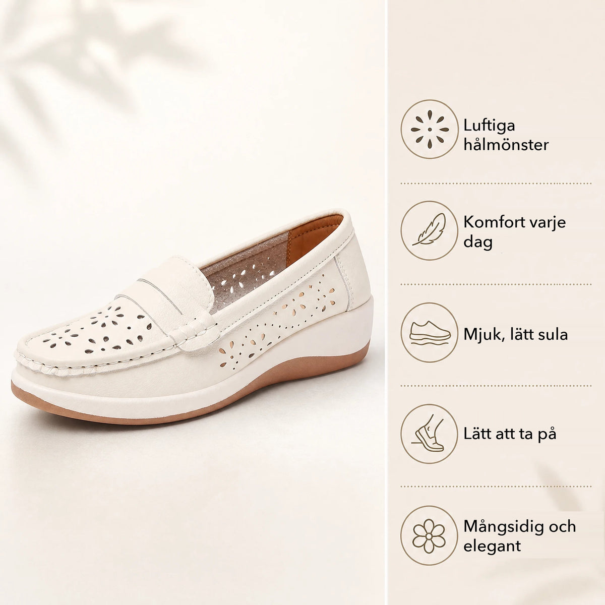 Genombrutna loafers för dam med kilsula och blommönster närbild på detaljerna Bild
