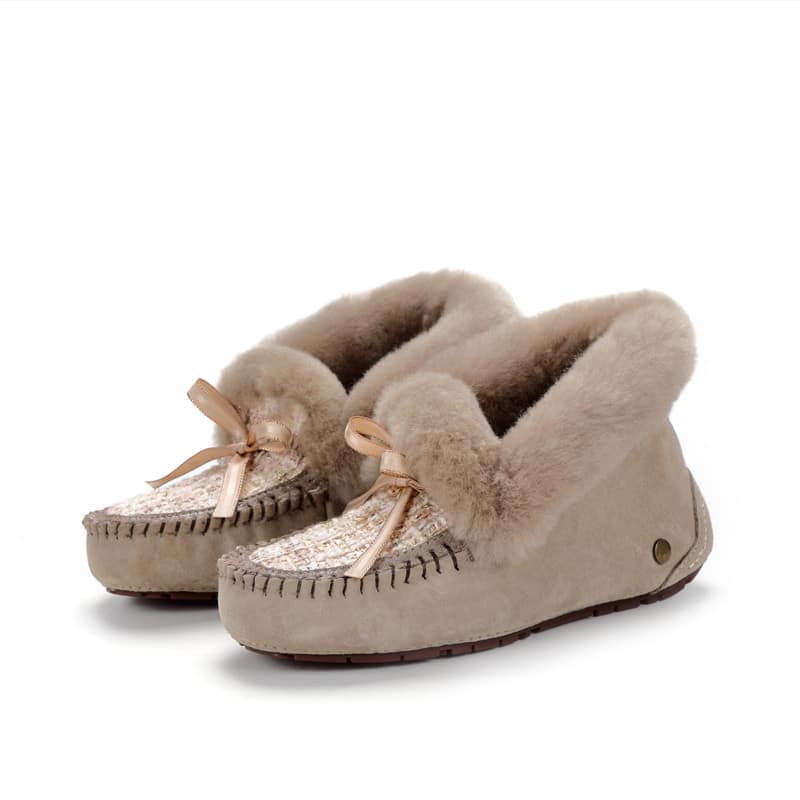 Indianska bruna mockasiner i fodrat mocka med tweed-skaft