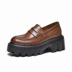 Loafers i läder med rund tå för kvinnor, Brun
