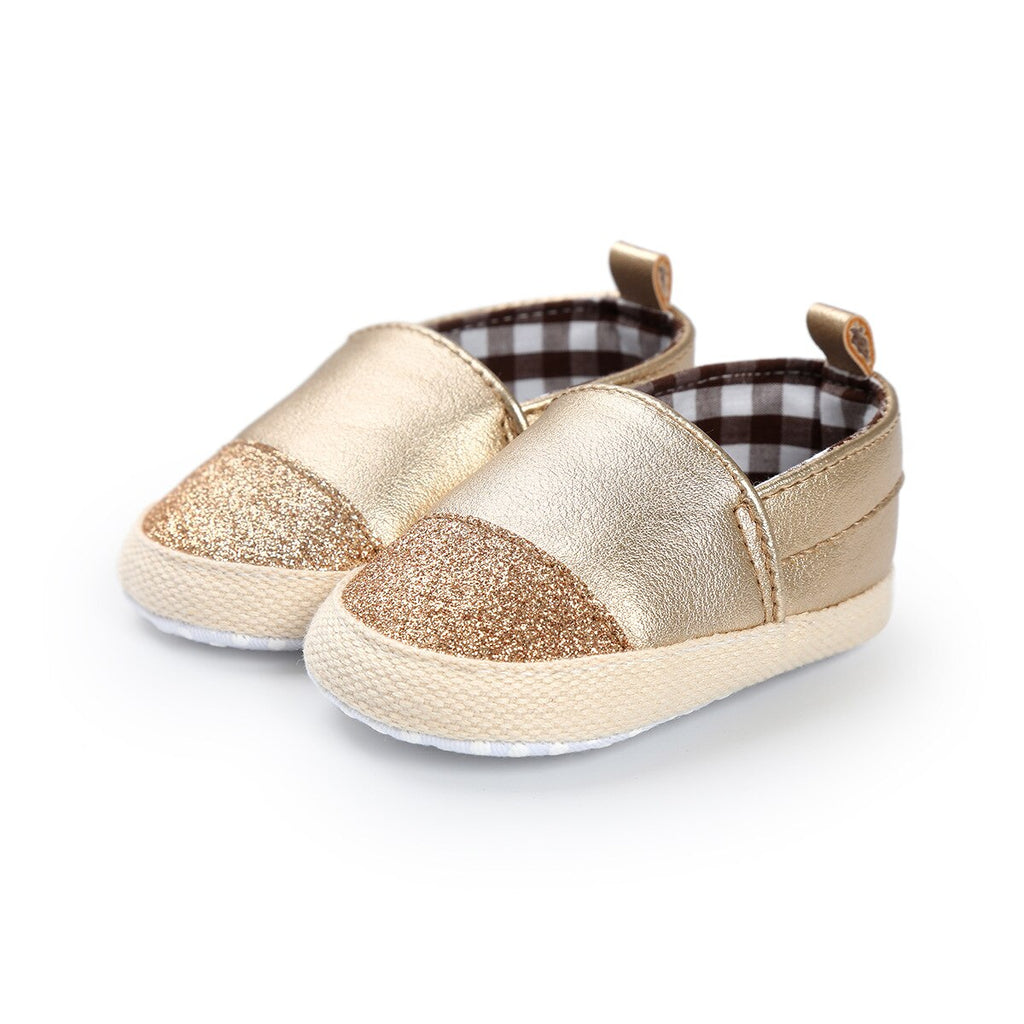 Tvåfärgade glänsande gyllene slip-on-loafers för babyflicka