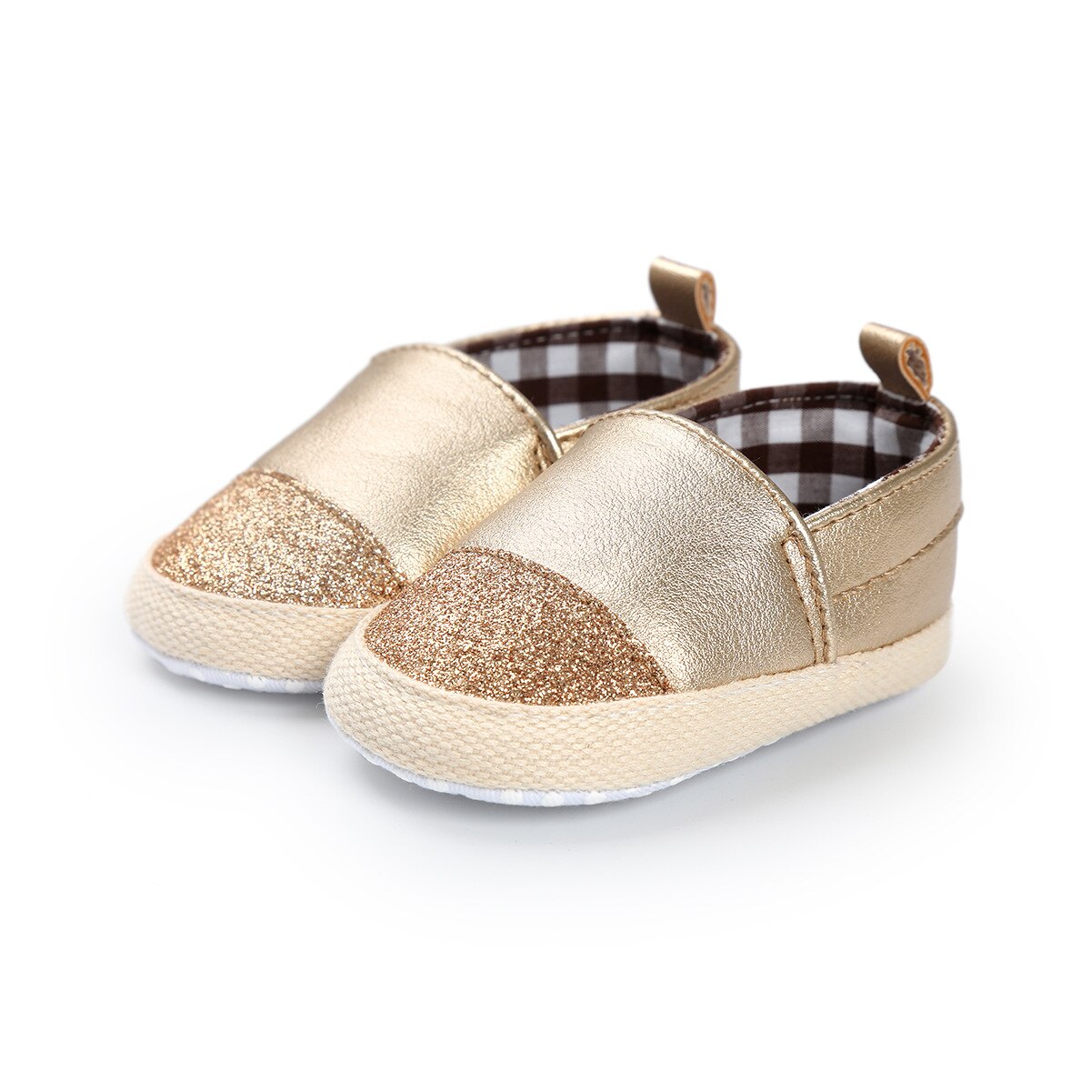 Tvåfärgade glänsande gyllene slip-on-loafers för babyflicka