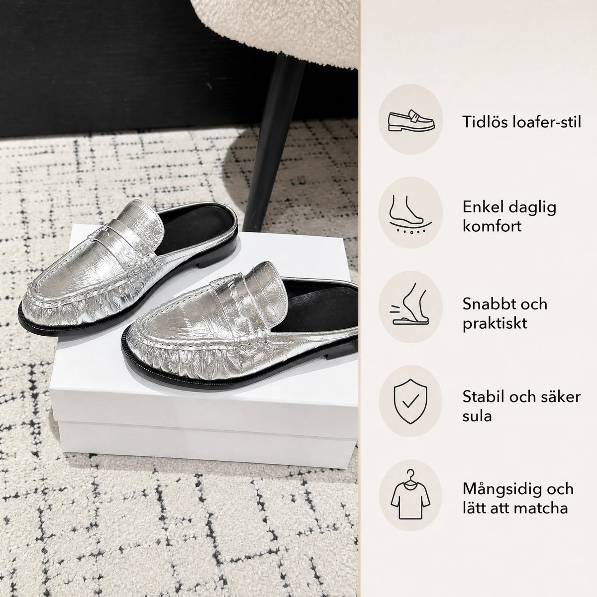 Loafer-mule dam i silver